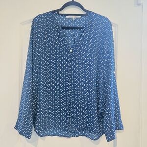 Collective Concepts Blue Polka Dot V-Neck Blouse Roll-Tab Sleeve Medium, Boho